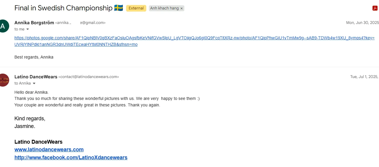 Email feedback from Annika Borgstrom with part of the email address hidden