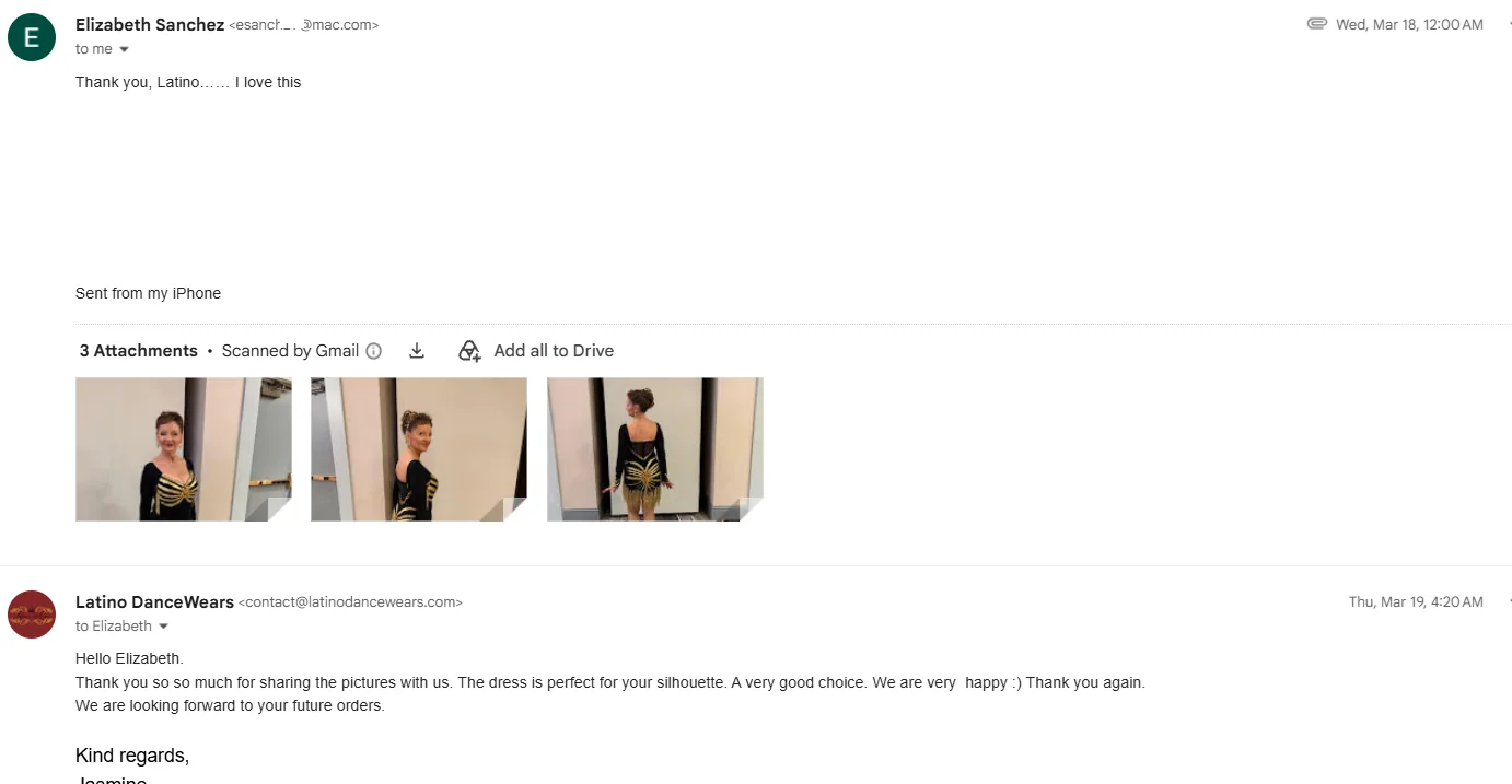 Email feedback from Elizabeth Sanchez with part of the email address hidden