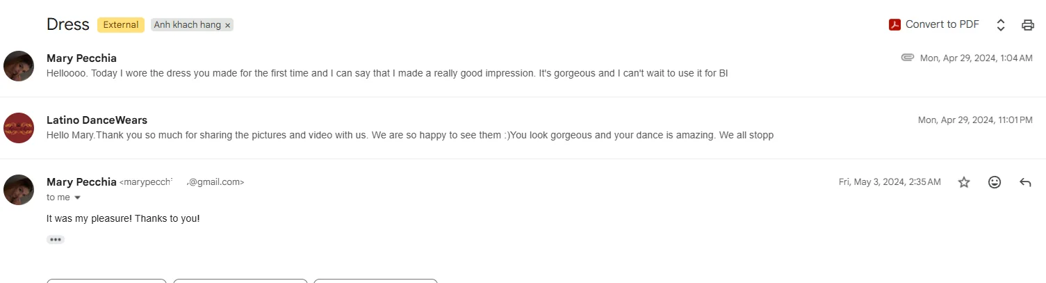 Email feedback from Mary Pecchia with part of the email address hidden