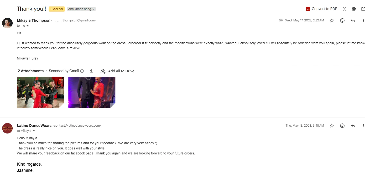Email feedback from Mikayla Thompson with part of the email address hidden