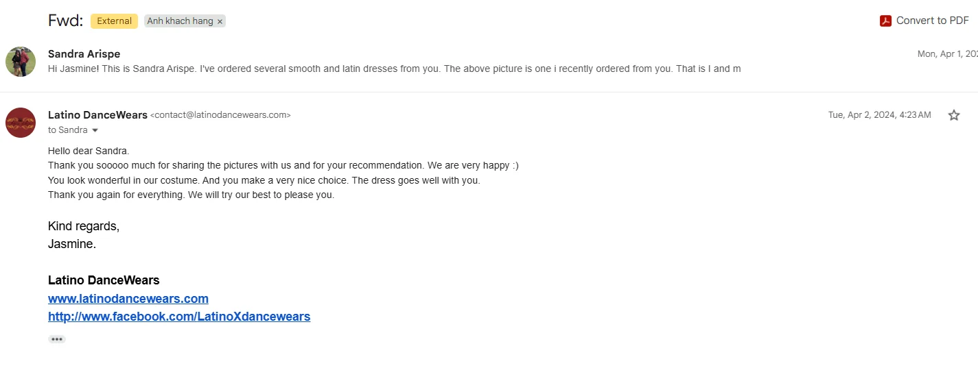 Email feedback from Sandra Arispe with part of the email address hidden