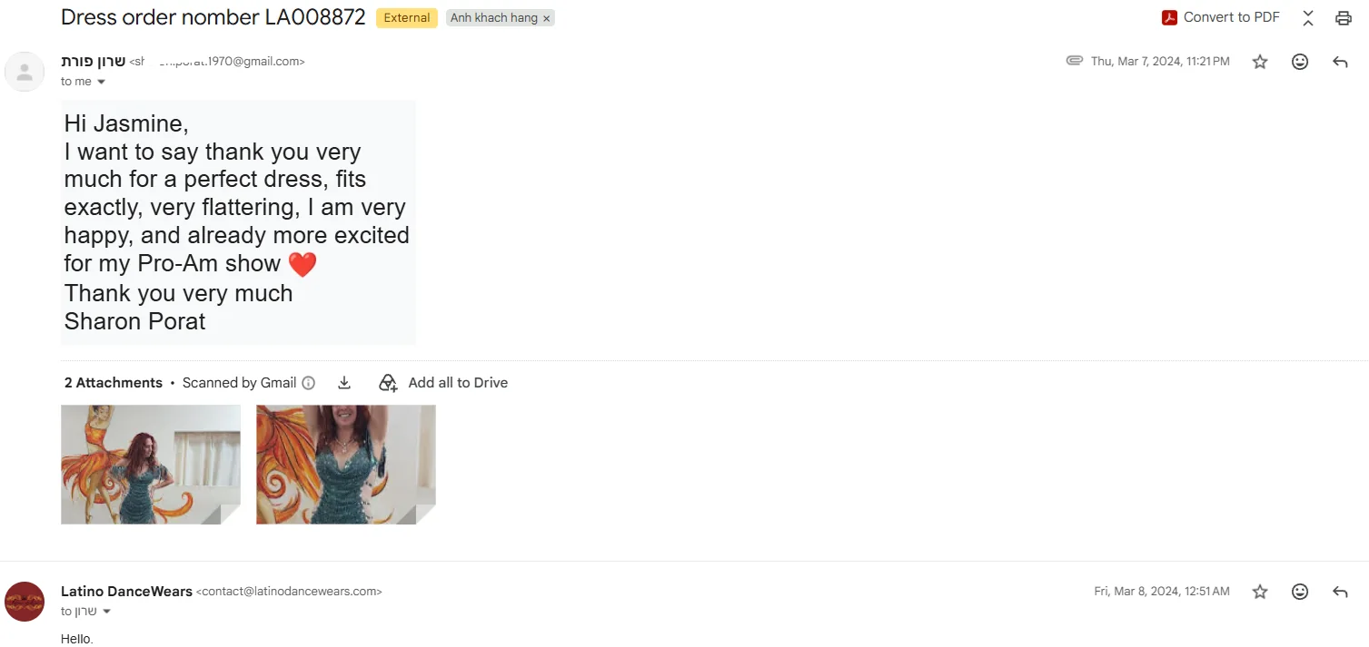 Email feedback from Sharon Porat with part of the email address hidden