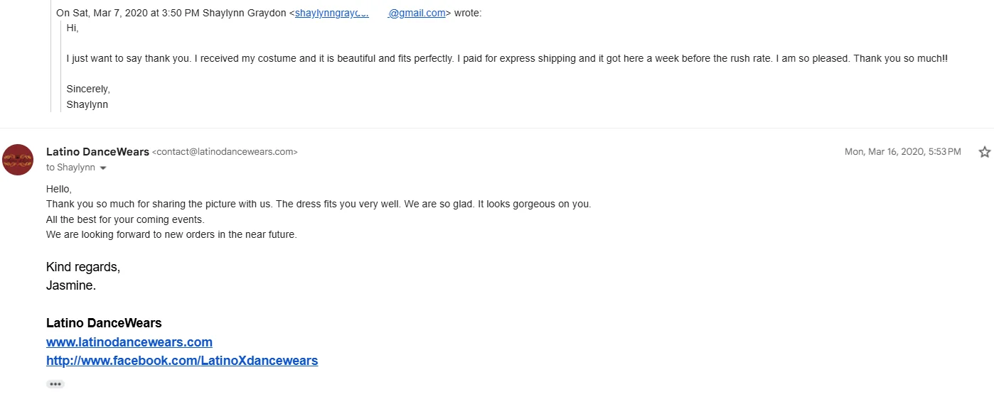 Email feedback from Shaylynn Graydon with part of the email address hidden