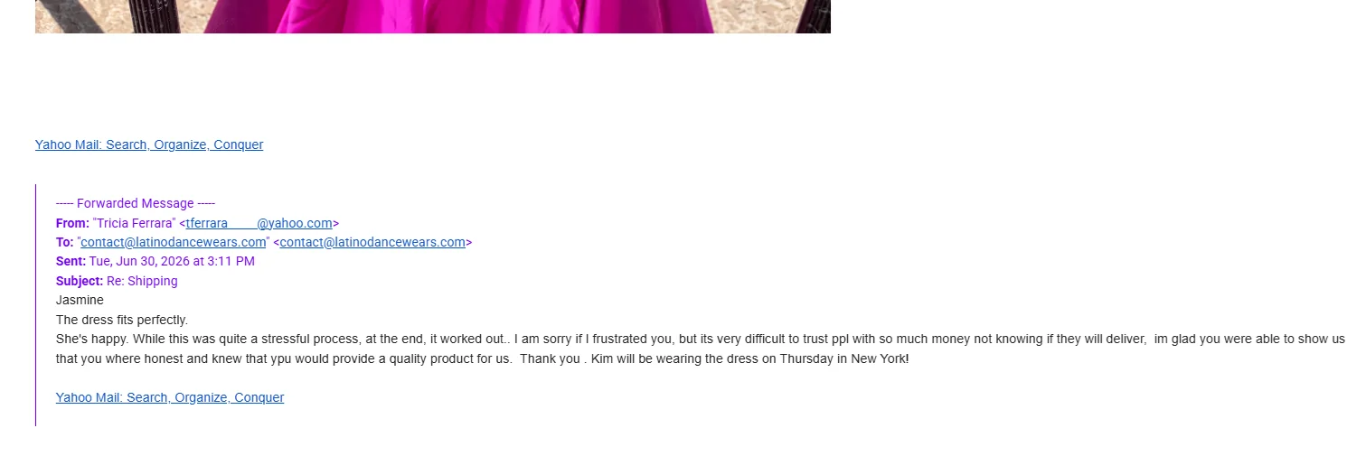 Email feedback from Tricia Ferrara with part of the email address hidden