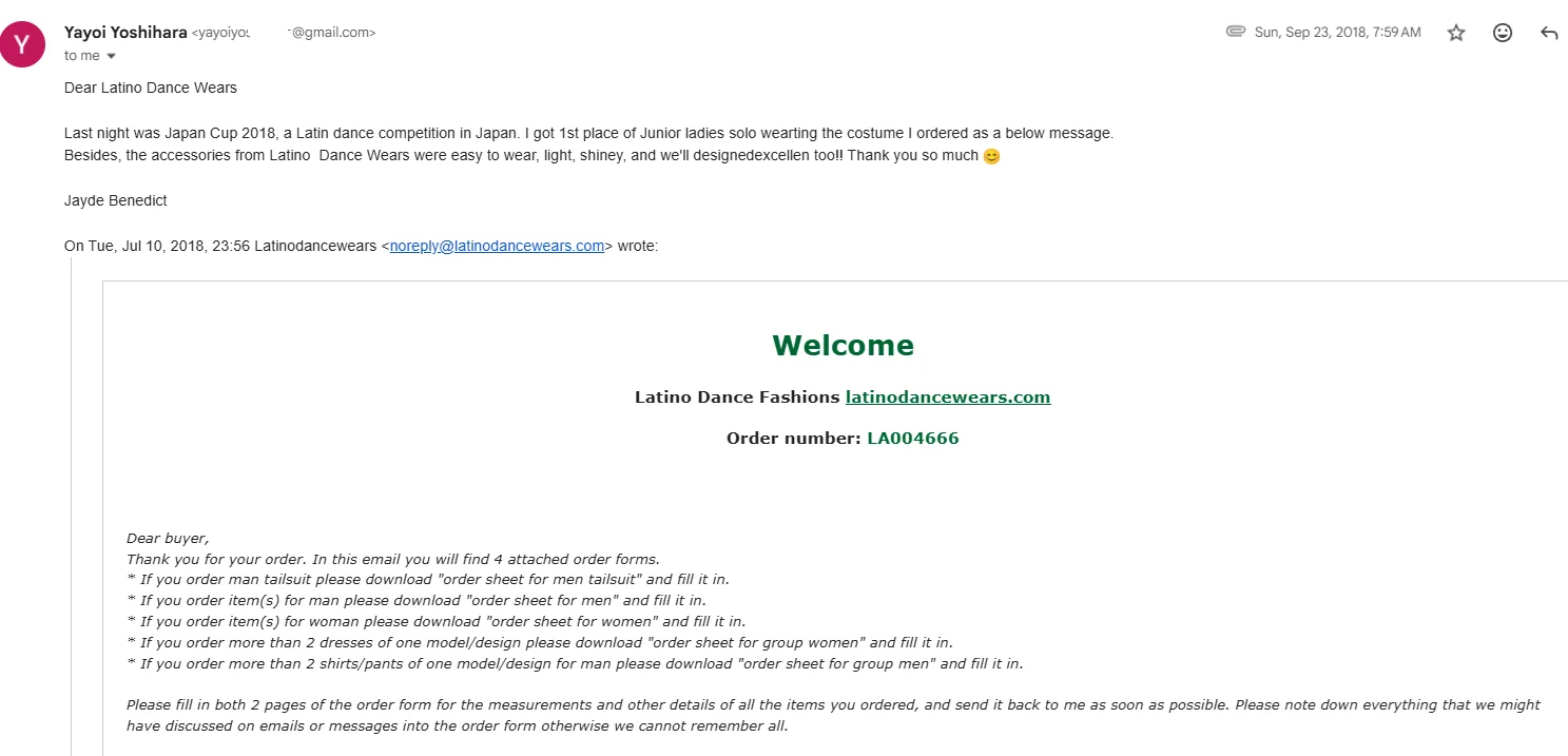 Email feedback from Yayoi Yoshihara with part of the email address hidden