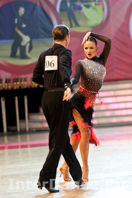Latin dance couple performing in competition wear