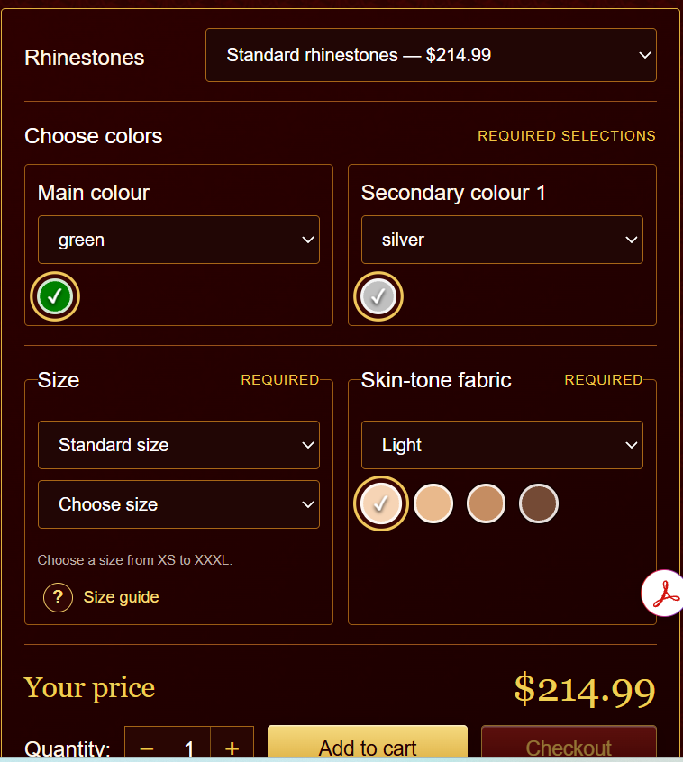 V2 product page showing rhinestone, colour, size and skin-tone choices