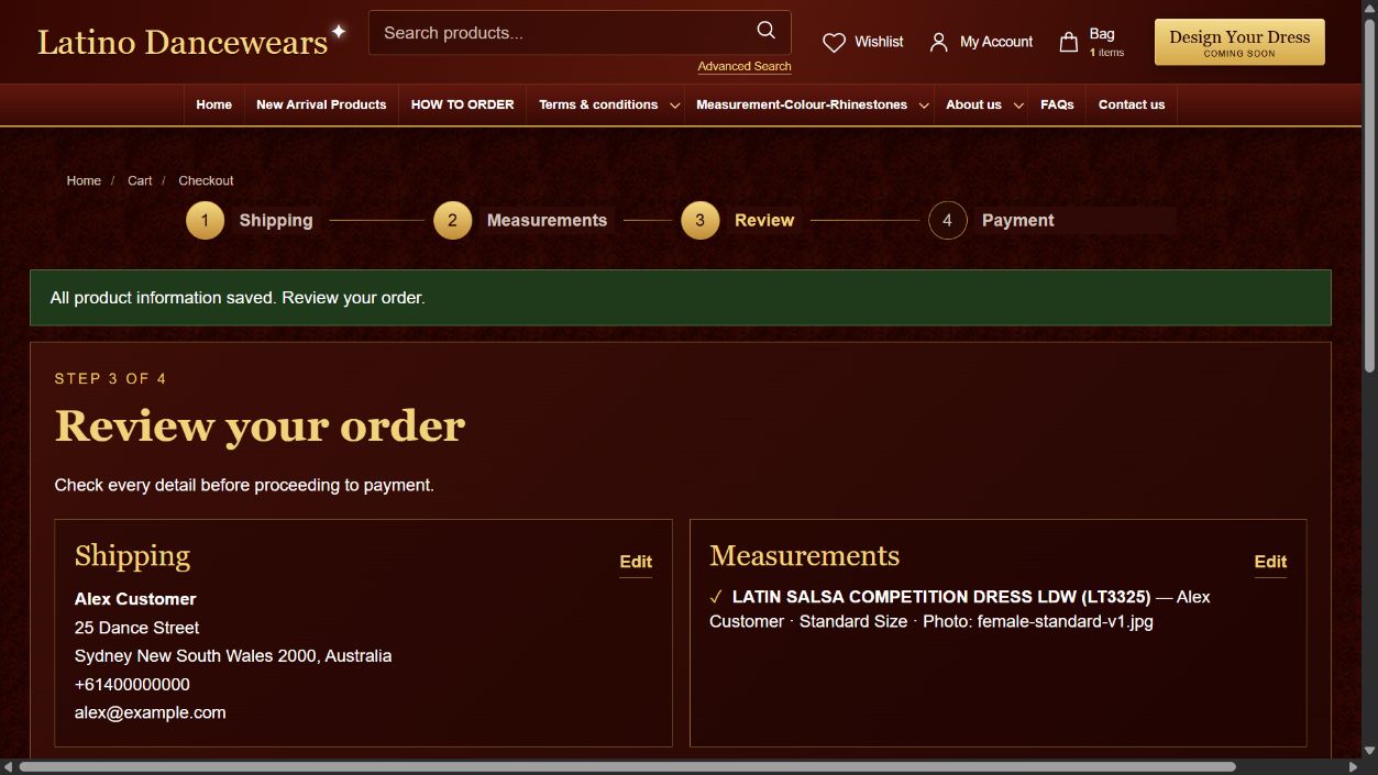 V2 checkout review step showing shipping, measurements and selected product options